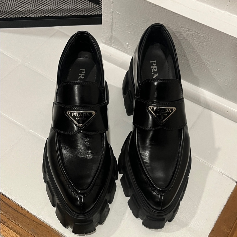 Prada Women’s Monolith Glossy Black Leather Loafers